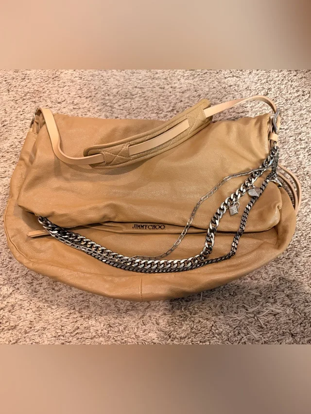 Jimmy Choo Beige-Tan Leather Hobo With Silver Chain Strap in brown|neutral Leather from Poshmark
