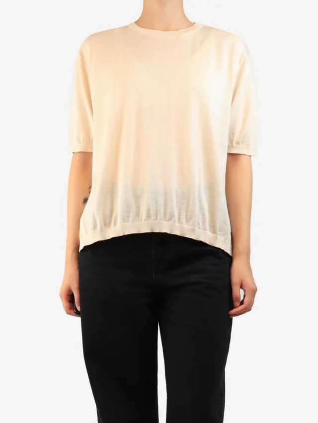 Loro Piana Cream fine knit short sleeve top - size M in White Silk from Sign of the Times