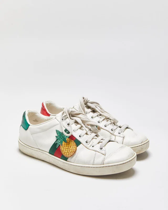 Gucci Ace Women's Leather Embroidered Pineapple & Ladybug Low-Top Trainers - UK2.5 in Leather from Rokit Vintage