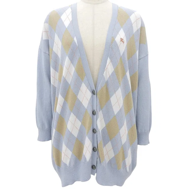 Burberry Logo Embroidered Argyle Pattern Cardigan #38 Light Blue/Beige in Beige from VINTAGE QOO TOKYO