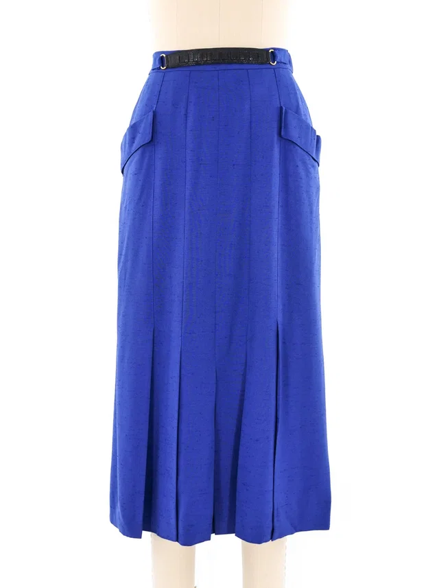 Hermès Blue Pleated Midi Skirt in Blue Leather from Arcade Vintage