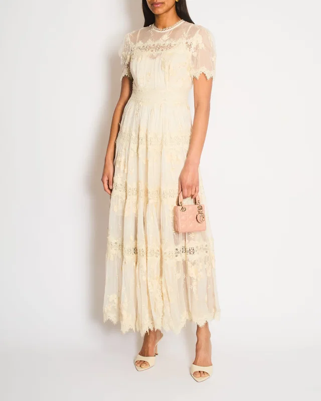 Zimmermann Cream Short Sleeve Tiered Sheer Mesh and Lace Maxi Dress with Slip Size 0 (UK 8) in White from Sellier