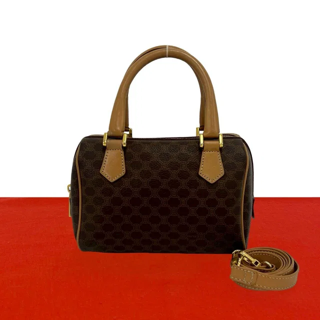Celine Vintage Macadam Blason Pattern Leather 2-Way Mini Shoulder Bag Brown in Brown Leather from The Reluxe