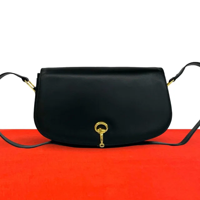 Gucci Vintage Horsebit Leather Shoulder Bag Pochette Black in Black Leather from The Reluxe