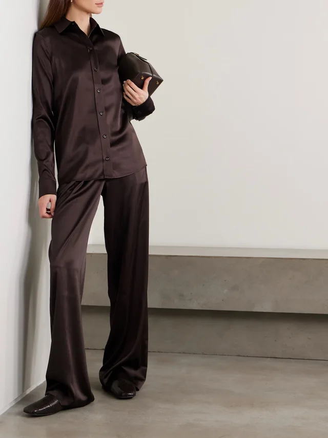 ÉTERNE Constance embellished stretch-silk satin shirt in Brown, photo 2 of 2 from NET-A-PORTER (Canada)