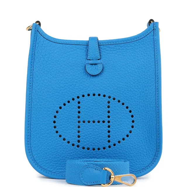 Hermès Evelyne TPM New Bleu Hydra Clemence Gold Hardware in Blue Clemence leather from Madison Avenue Couture