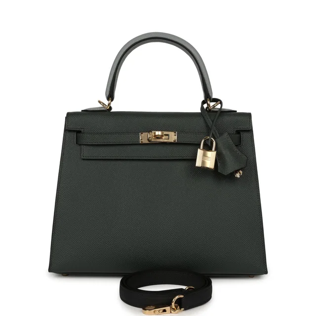Hermès Kelly Sellier 25 Tri-Color Vert Mangrove, Gris Pantin, Black Epsom Permabrass Hardware in Black Epsom leather from Madison Avenue Couture