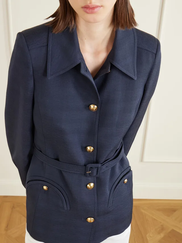 BLAZÉ MILANO Genesis Paint belted woven jacket in navy 68% Viscose 32% Acetate, photo 5 of 5 from NET-A-PORTER (Canada)