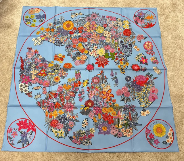 HK LOCATED*HERMÈS PLANIFLEURS SILK SCARF 90 Bleu Ciel/ Rose/ Rouge in Red Silk from Luxury Promise