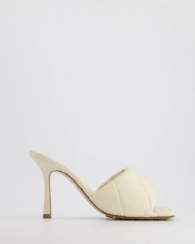 Bottega Veneta Cream Open-Toe Quilted Embossed Mule Heels in Nappa Leather Size EU 38.5 in White Nappa leather from Sellier