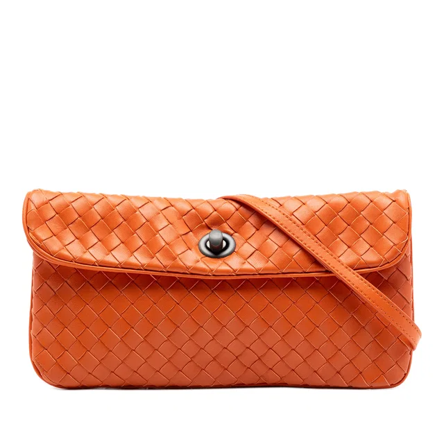 Orange Bottega Veneta Mini Nappa Intrecciato Turn Lock Crossbody in Orange Nappa leather from Designer Revival