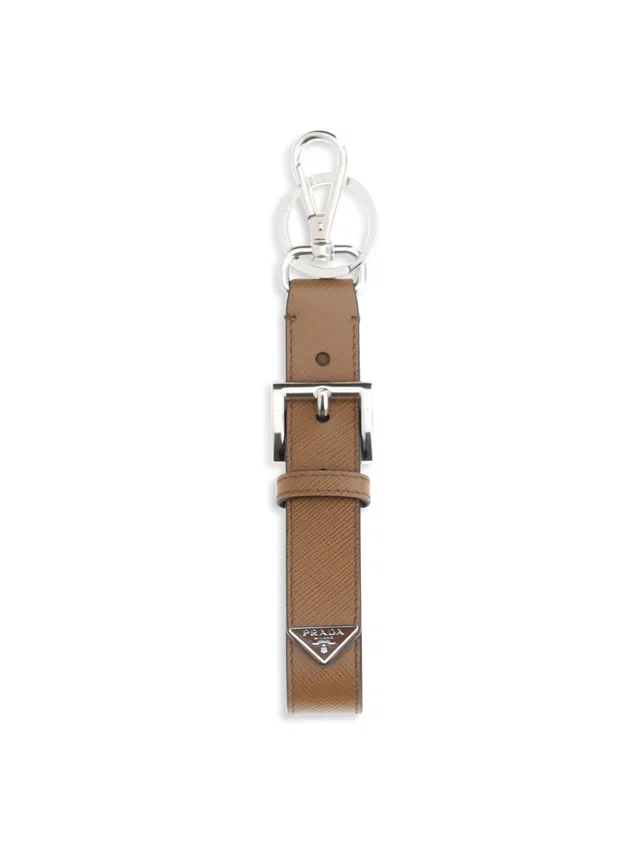 Prada Saffiano Leather Triangle Logo Key Case — Beige Calf Bos Taurus Keychains in Beige Saffiano leather from HEWI