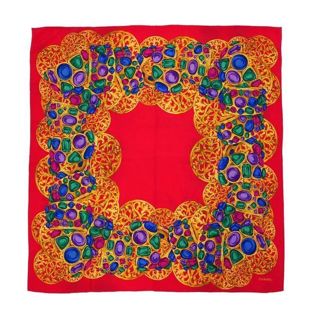 Chanel Vintage Gripoix Pattern Scarf Red Multicolor Silk in Red Silk from Luxury Promise
