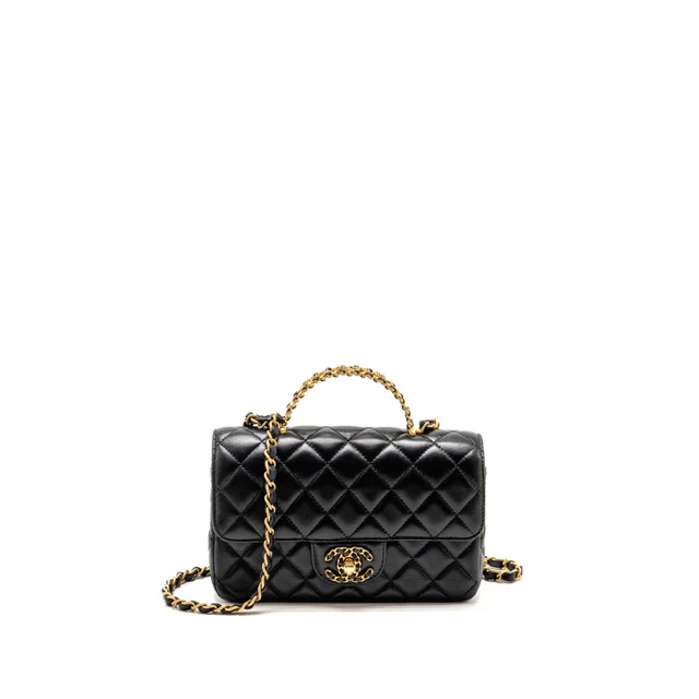 Chanel Letter Detailed Top Handle Flap Bag Lambskin Black GHW (Microchip) in Black Lambskin from EMIER