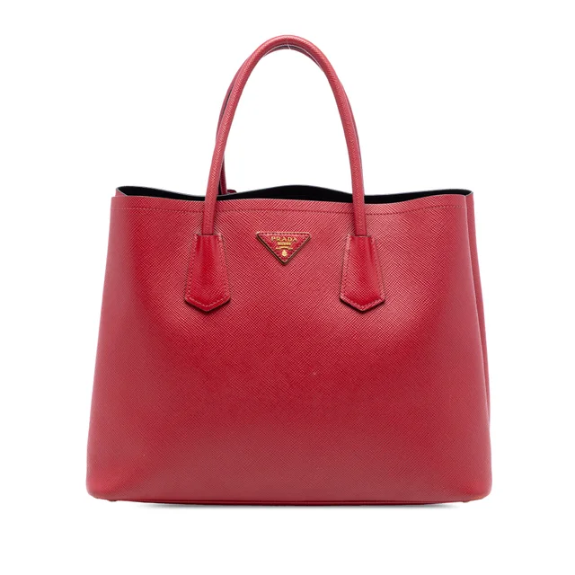Red Prada Medium Saffiano Cuir Double Satchel in Red Saffiano leather from Designer Revival
