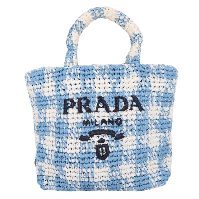 Prada Crochet Tote Bag Blue/White1BG422 Raffia Size Small in Blue Raffia from GALLERY RARE