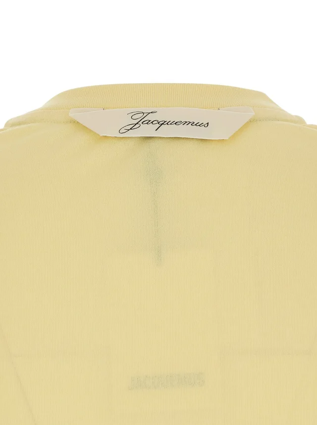 JACQUEMUS 'LE TSHIRT VENTADOU' yellow T-shirt crew neck with gros grain logo on the back in tech fabric for women in Yellow 57% Paper 43% Polyester, photo 6 of 6 from Gaudenzi Boutique
