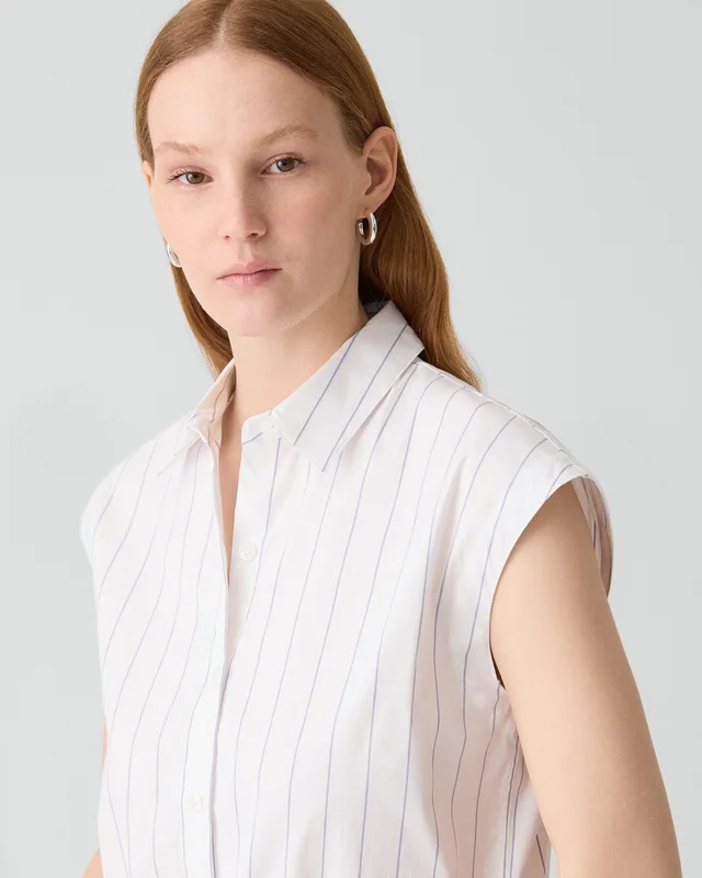 Theory Cap-Sleeve Shirt in Striped Poplin in LAVENDER MULTI, photo 11 of 12 from Theory