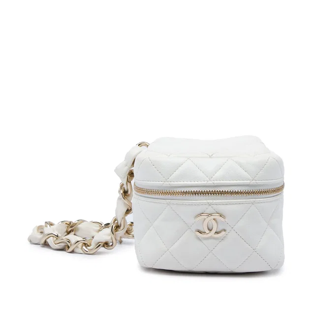 White Chanel CC Quilted Lambskin Cube Zip Clutch with Chain Vanity Bag in White Lambskin from Designer Revival