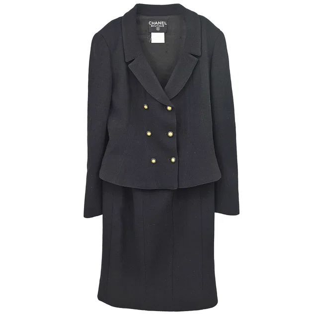 Chanel 1996 Setup Suit Jacket Skirt Black #38 in Black Wool from AMORE Vintage Tokyo