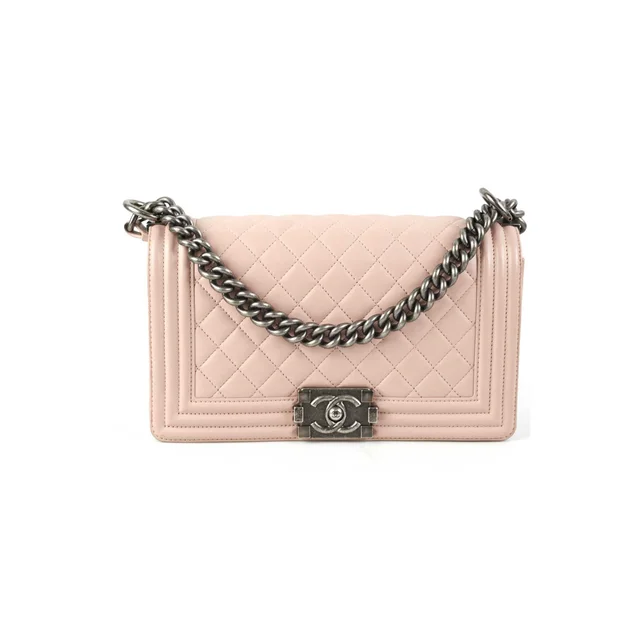 Chanel Quilted Boy Old Medium Light Pink in Pink Calfskin from The Purse Affair