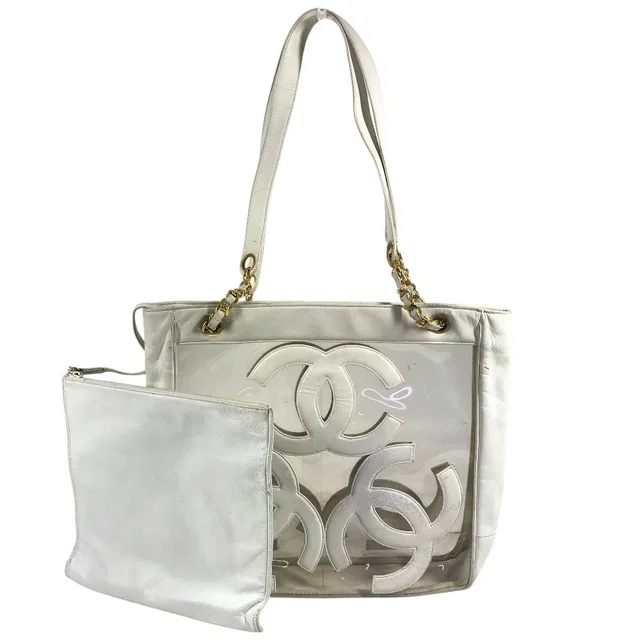 Chanel Shoulder Bag CC Logo Triple Coco Chain Vinyl Leather White in White Leather from The Reluxe
