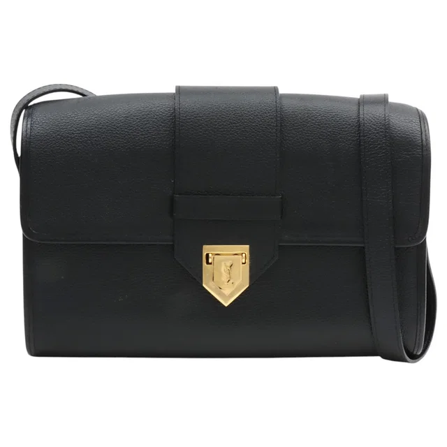 Saint Laurent Logo Plate Shoulder Bag Black in Black Leather from VINTAGE QOO TOKYO