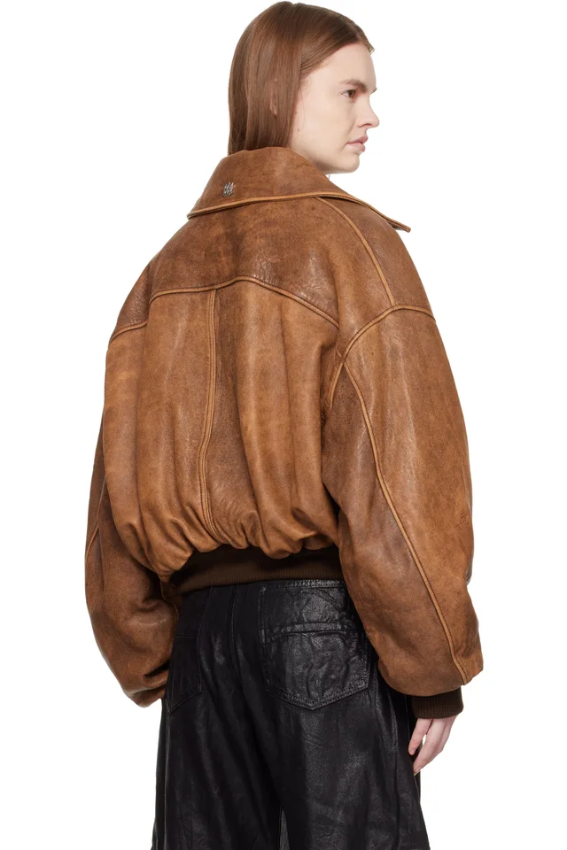 AMIRI Tan Faded Leather Bomber Jacket, photo 3 of 4 from SSENSE