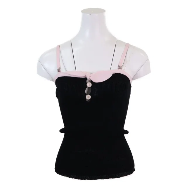 Chanel Rhinestone CC Logo & Lion Button Bow Cotton Rib Knit Sleeveless Camisole from The Reluxe