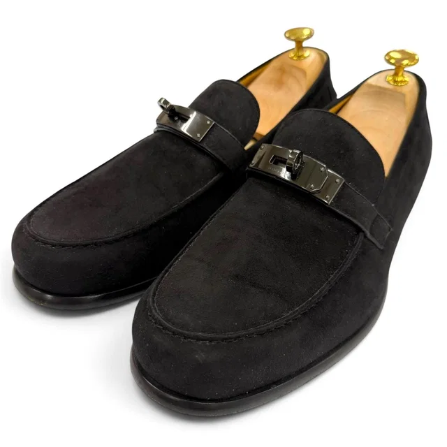 Hermès Leather Kelly Buckle Tip Shoes Loafers Black Business in Black Suede from The Reluxe