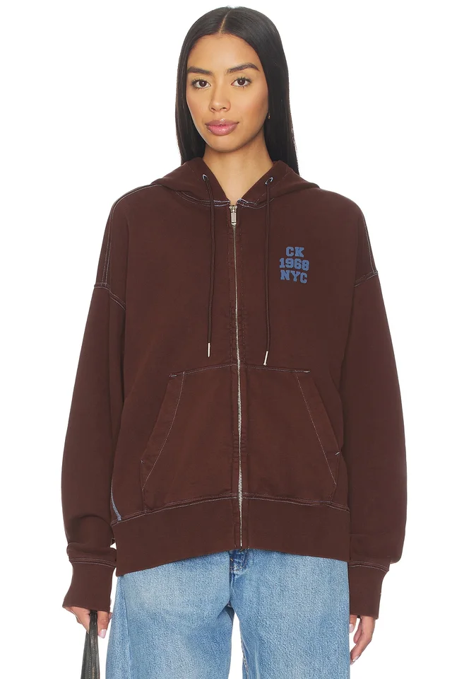 Calvin Klein Washed Premium Vintage Logo Zip Hoodie in Rich Brown, photo 2 of 4 from REVOLVE (Canada)
