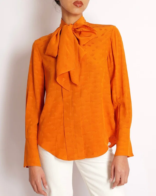 Chloé Orange Silk Printed Shirt with Neck-Tie Detail Size FR 34 (UK 6) in Orange Silk from Sellier