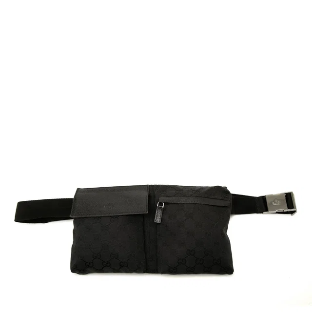 Black Gucci GG Canvas Double Pocket Belt Bag in Black Canvas from Designer Revival