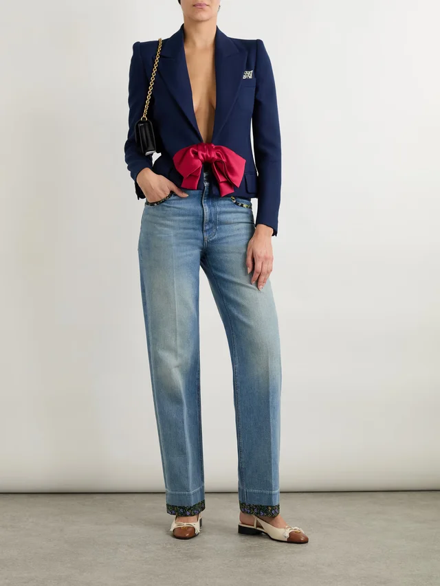 VALENTINO GARAVANI Printed chiffon-trimmed high-rise straight-leg jeans in Blue, photo 2 of 2 from NET-A-PORTER (Canada)