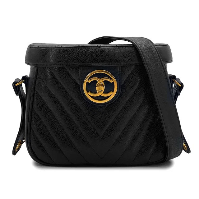 Chanel Vintage Chevron Chain Shoulder Bag Black Caviar Skin Gold Hardware in Black Caviar leather from Luxury Promise