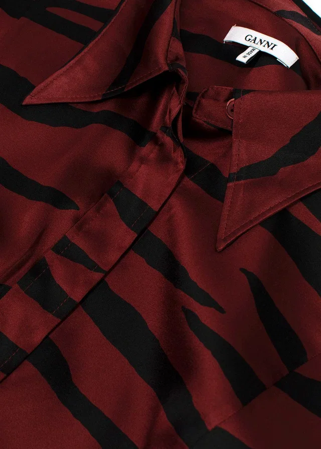 GANNI Deep Red Tiger Print Silk Shirt in Red Silk from HEWI