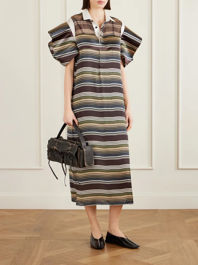SACAI Striped organza and satin midi dress in Brown, photo 2 of 2 from NET-A-PORTER (Canada)