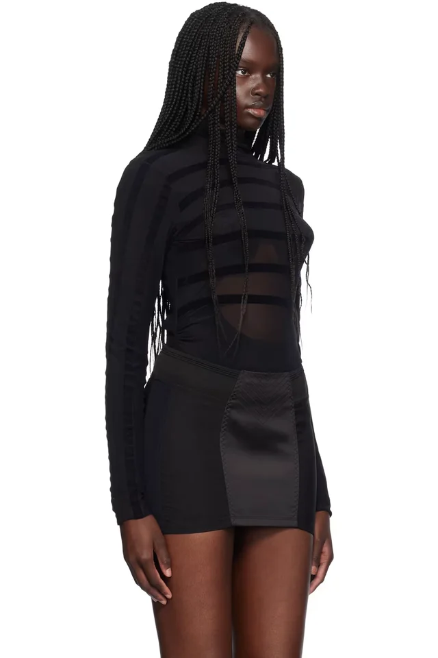 Jean Paul Gaultier Black 'The Striped Flocked' Bodysuit, photo 2 of 5 from SSENSE