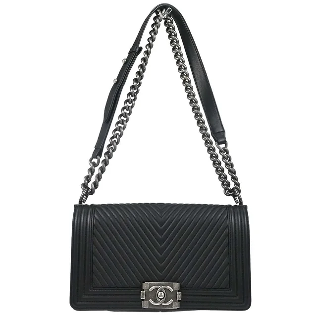 Boy Chanel 2014 Black Lambskin Chevron Medium Shoulder Bag in Black Lambskin from AMORE Vintage Tokyo