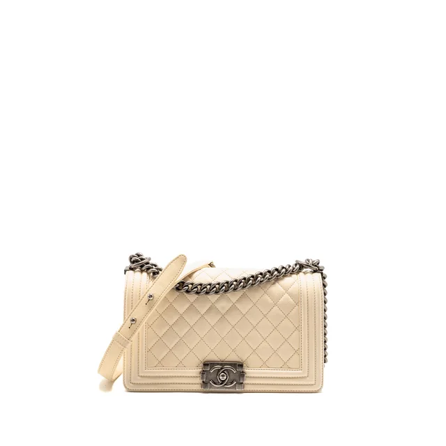 Chanel medium boy bag calfskin ivory ruthenium silver hardware in White Calfskin from EMIER