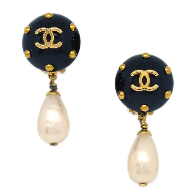 Chanel Costume Pearl Dangle Earrings Clip-On Gold 96C in Gold Resin from AMORE Vintage Tokyo