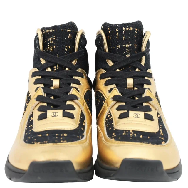 Chanel CC Logo High Top Satin Lambskin Leather Sneakers Gold Size 36.5 in Gold Lambskin from Dallas Designer Handbags