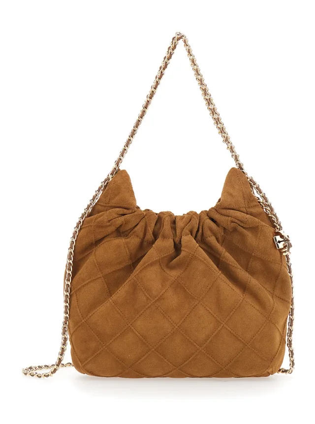 'Fleming Mini' Brown Shoulder Bag with Chain Strap and Metal Logo Pendant in Suede for Women in Brown, image 1 of 1 from Gaudenzi Boutique