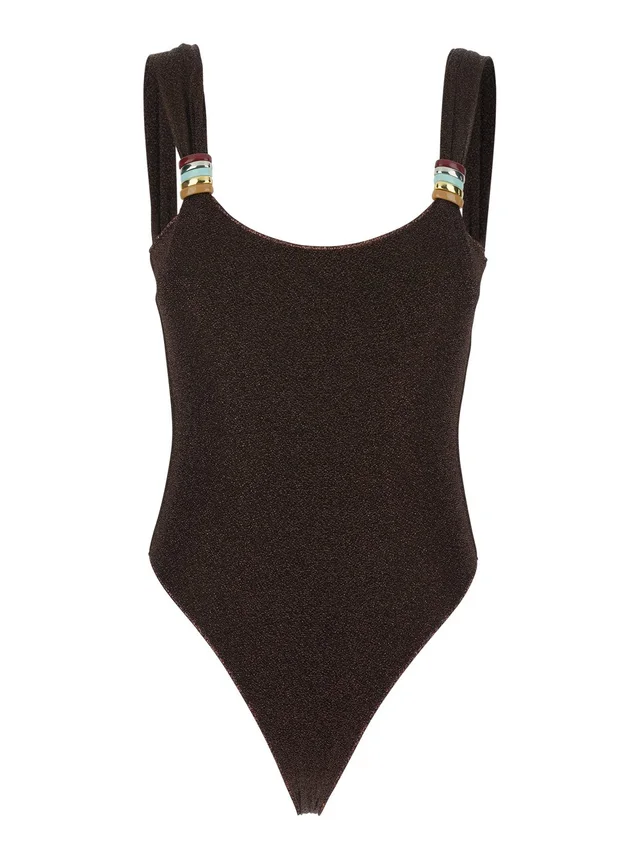 OSÉREE 'Lumiere' Brown One-Piece Swimsuit with Straps with Ring Detail in Tech Fabric Women in Brown, photo 2 of 6 from Gaudenzi Boutique