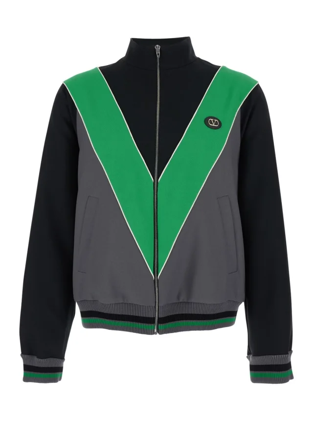 High Neck Sweatshirt with V Inlay on the Front in Tech Fabric Black and Green Men in Black, image 1 of 1 from Gaudenzi Boutique