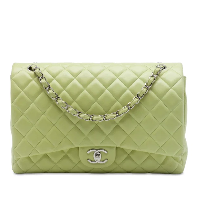 Green Chanel Maxi Classic Lambskin Double Flap Shoulder Bag in Green Lambskin from Designer Revival