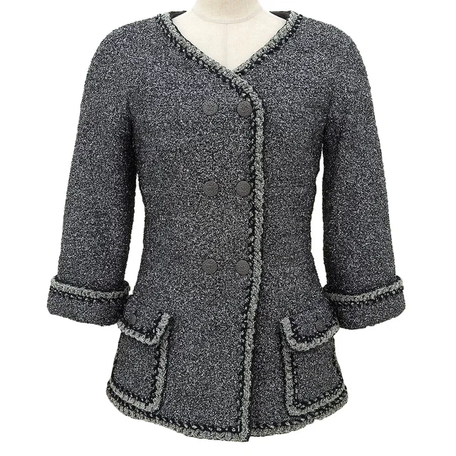 Chanel Lame Tweed Double-Breasted Jacket #34 Silver/Black in Black Tweed from VINTAGE QOO TOKYO