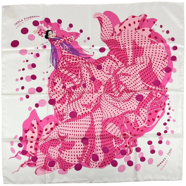 Hermès Carre 90 I Hola Flamenca! Scarf Silk Pink Ivory Multicolor in White Silk from The Reluxe
