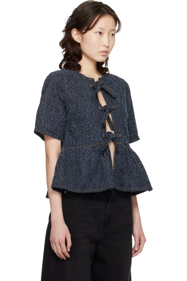 GANNI Blue Tweed Denim Peplum Blouse, photo 2 of 4 from SSENSE