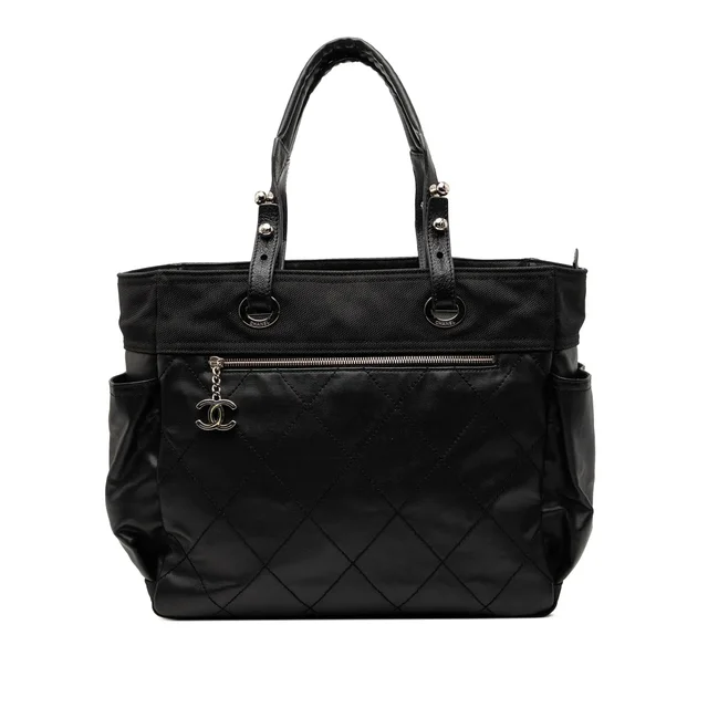 Black Chanel Large Quilted Coated Canvas Paris Biarritz Tote in Black Coated canvas from Designer Revival